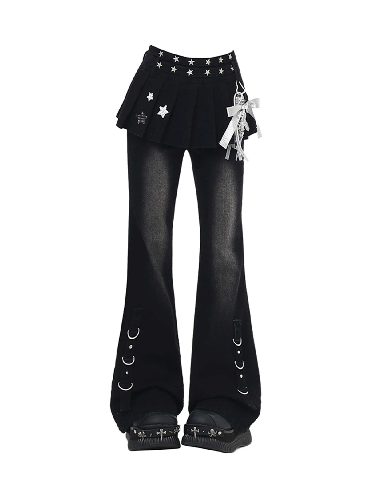 Women's Black Gothic Y2k Baggy Emo Jeans with Skirt Harajuku Vintage Denim Trousers Japanese 2000s Style Jeans Pants Autumn 2025