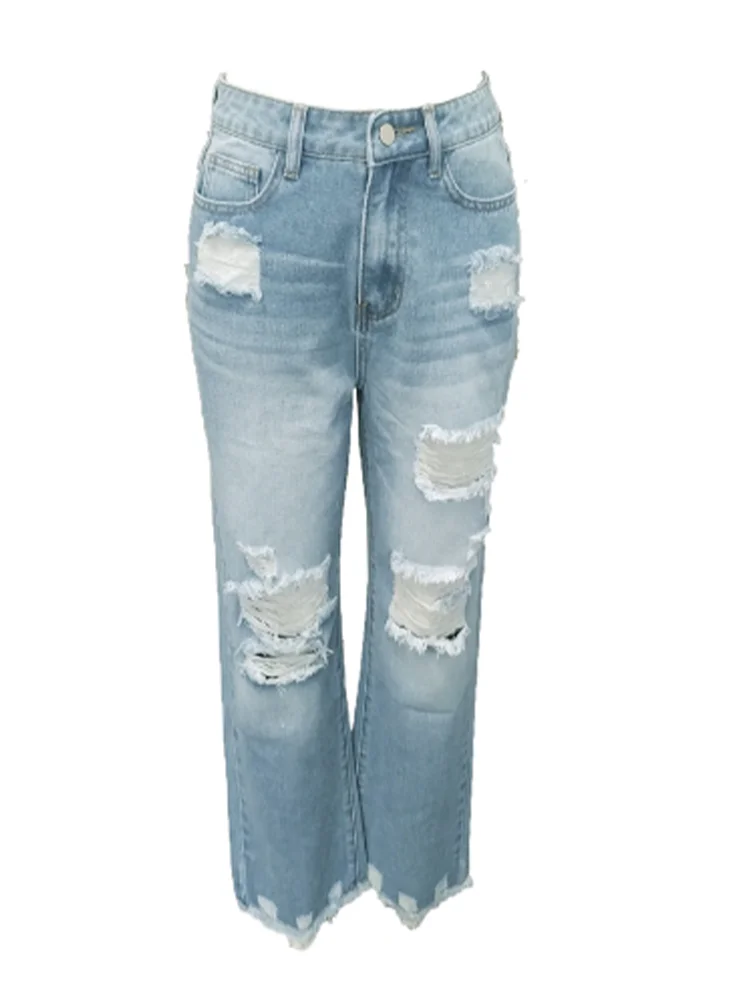 Pocket Ripped Pants Solid Color Mid Waist Women's Straight Leg Pants High Street Fashion Daily Commuting Style Spring Jeans