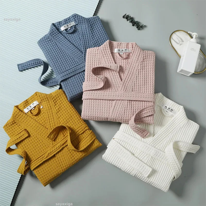 Cotton Bathrobe Spring/summer Thin Morning Robe Long Waffle Hotel Beauty Salon Bathrobe Women Sleepwear Sexy Pajamas Bath Robes