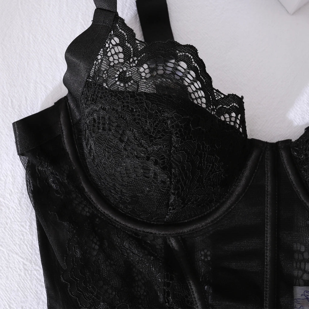 Cross border 2025 gathering body shaping one-piece fishbone lace see through lace sexy lingerie two-piece set
