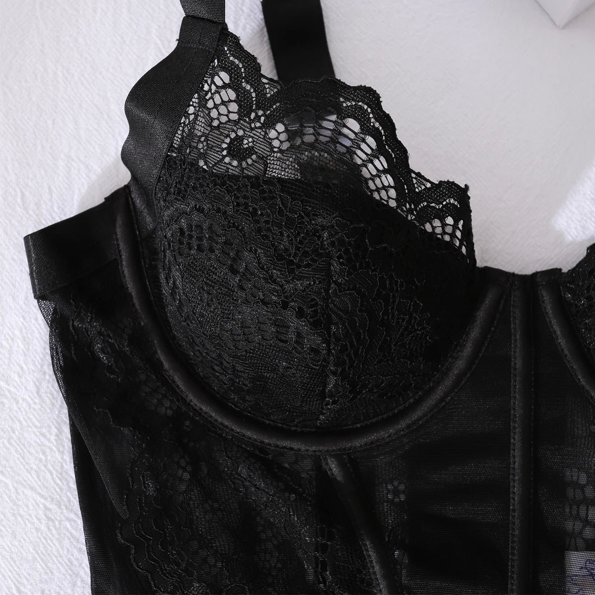 Cross border 2025 gathering body shaping one-piece fishbone lace see through lace sexy lingerie two-piece set