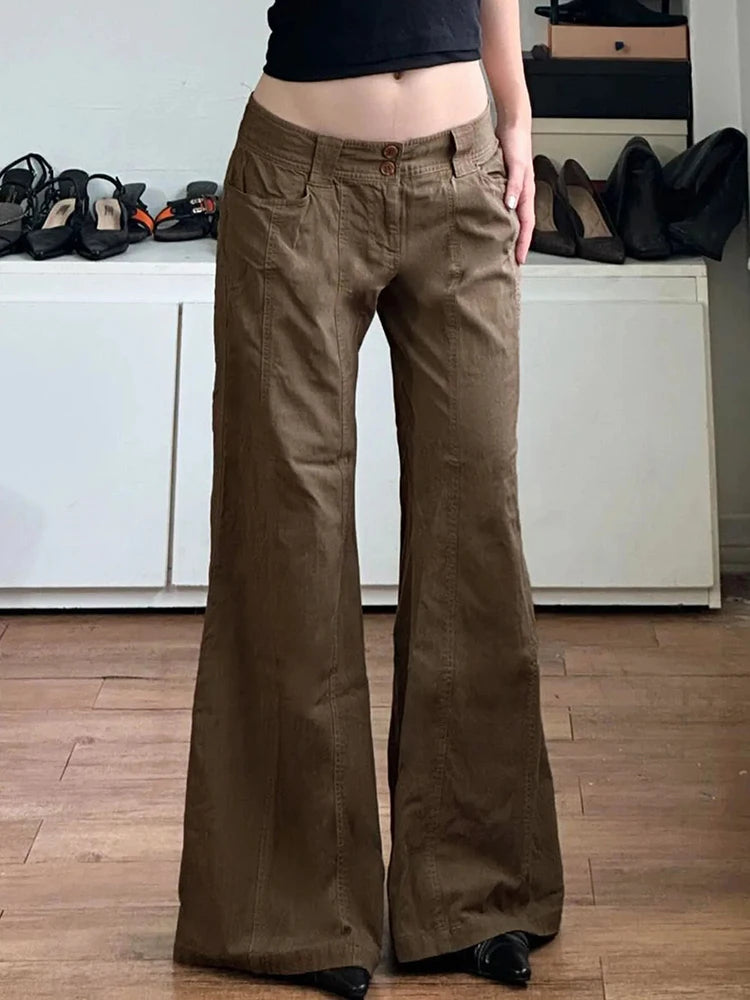 Brown Wide Leg Women's Jeans Y2K Grunge Style Low Rise Baggy Denim Pants Vintage Retro Casual Streetwear Korean Fashion Trousers