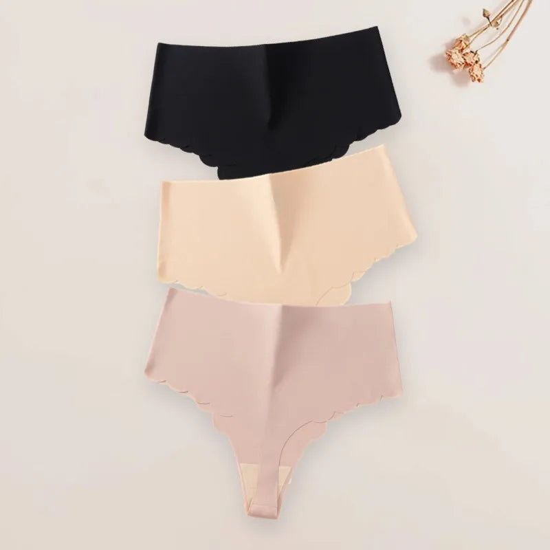 3Pcs/Set High-Waist Women's Panties Thongs Plain Slip Silk Wave Edged Fashion Seamless Female Underwear G-String for Ladies XS-L