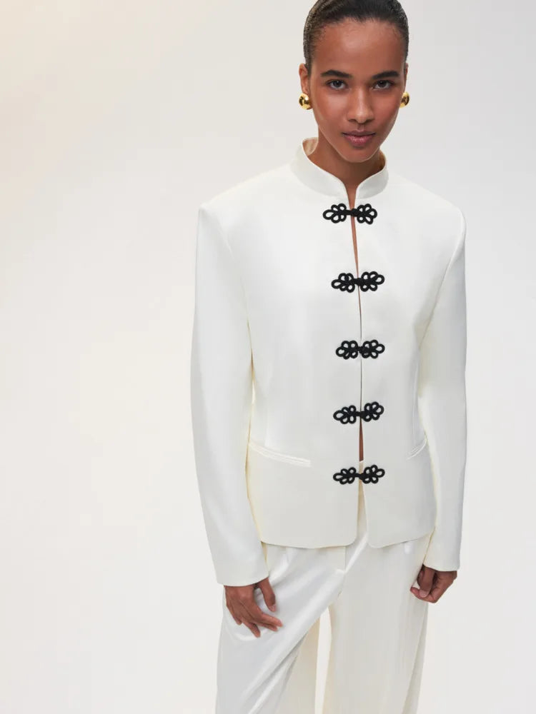 DFDG Women's Spring Summer Satin Mandarin Collar Knot Button Blazer Chic Formal Casual Wear 2026 Trendy Feminine Fashion Coat