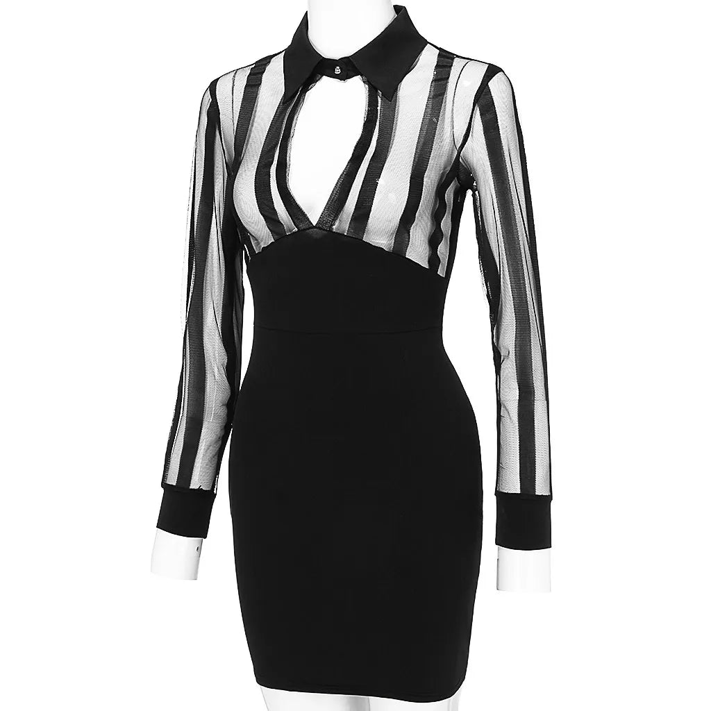 Women Long Sleeve Sheer Mesh Patchwork Bodycon Dresses Casual Work Dress Skiny Sequined Slim Fit Evening Party Dress Vestidos