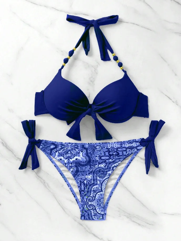 2026 Push Up Halter Bikini Printed Swimsuit Women Sexy Strappy Swimwear Female Bathers Bathing Swimming Swim Suit Beachwear