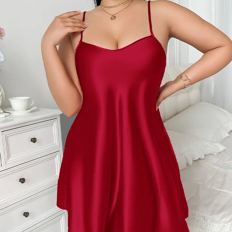 Plus Size Solid Silk Satin Women Nightgown Cross Back Pajama Dress V Neck Female Sleepwear Sleeveless Summer Nightwear Homwear