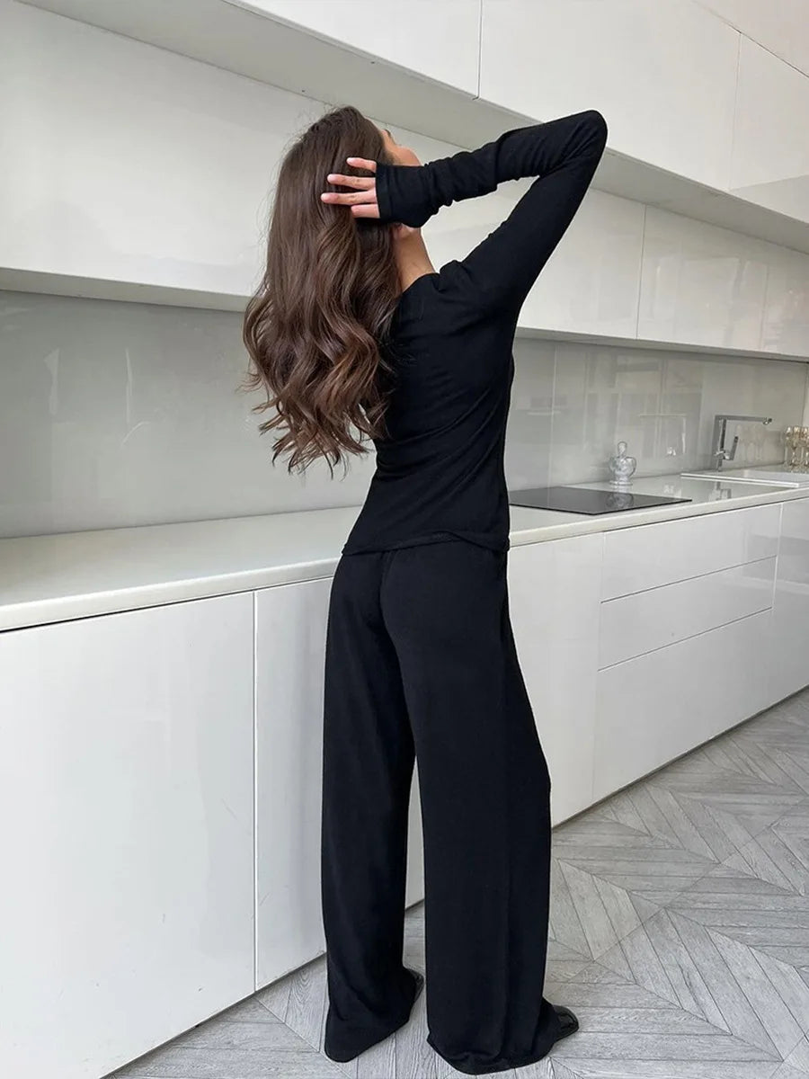 Blubelle Black Long Sleeved Pajamas Set Women's Knitted Pants Pajamas Comfortable Casual Female Home Clothes Set  Spring New