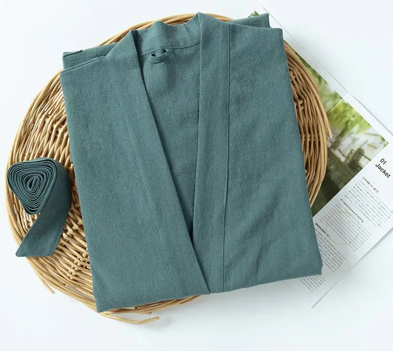 70% Cotton 30% Linen Kimono Bathrobe Nightgown 2025 New Loose Men And Women Dressing Gown Sleepwear Nightwear Solid Hotel Robe