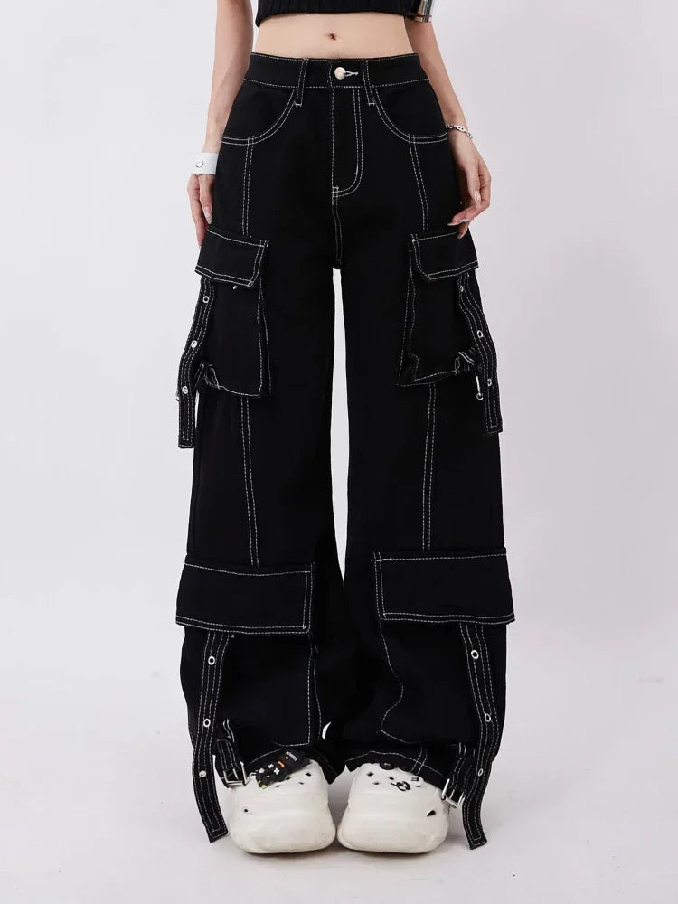 ADAgirl Black Cargo Jeans Women Y2k Harajuku Vintage Baggy Pockets Korean Wide Leg Denim Pants Hip Hop Causal Female Trousers