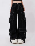ADAgirl Black Cargo Jeans Women Y2k Harajuku Vintage Baggy Pockets Korean Wide Leg Denim Pants Hip Hop Causal Female Trousers