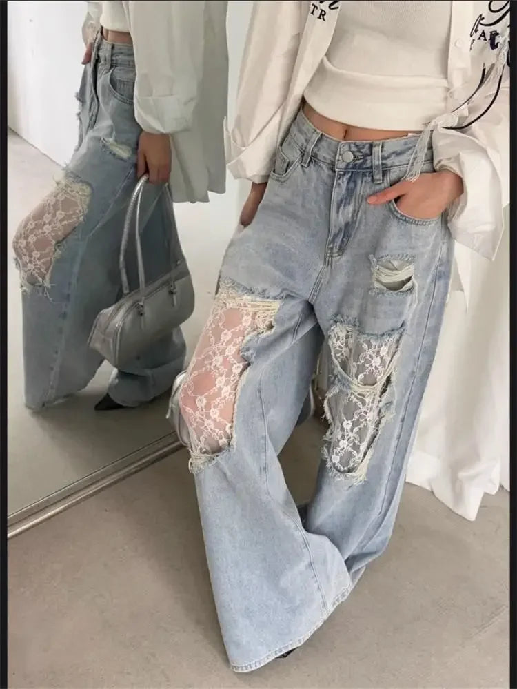 Women High Waist Wide Leg Jeans Summer Patchwork Lace Denim Pants with Large Holes |Retro Casual Trousers for Women
