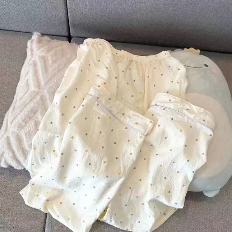Autumn Women's 2 Piece Sets Print Polka Dot Sweet Kawaii Pajama Set Singer Breasted Top and Pants Women Casual Pajama Sets 2024