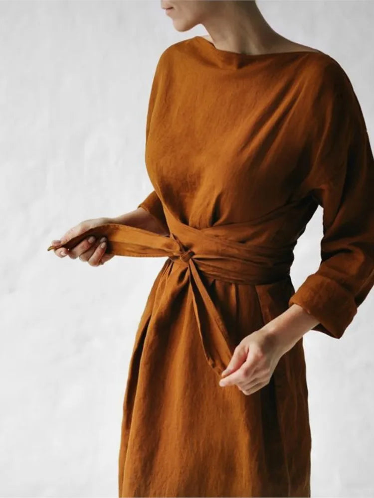 Fall Long Sleeve Loose Cotton Linen Dress Women 2024 Fashion Casual Solid New Lace-up Bow Maxi Dresses Elegant Vestidos
