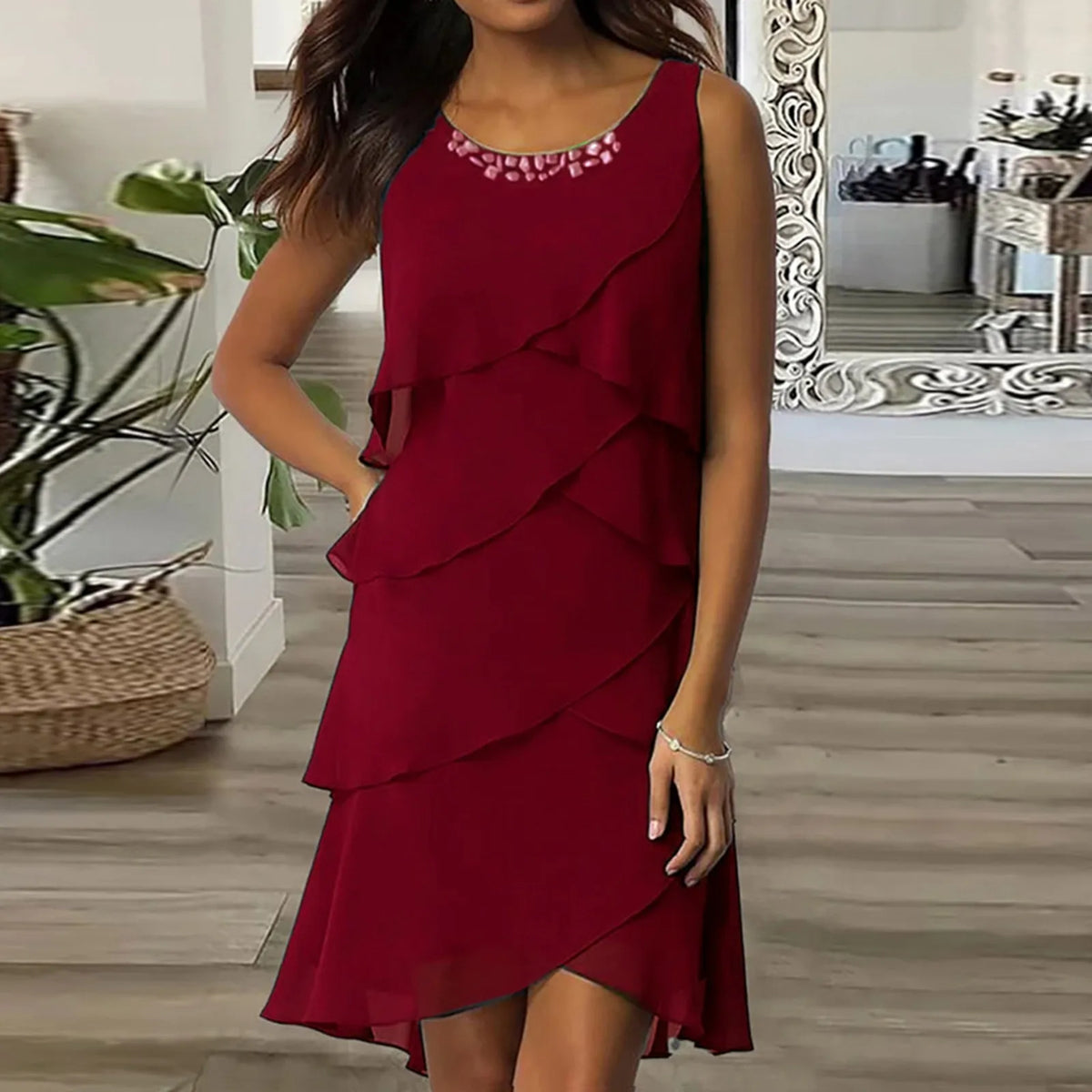 Women's Elegant Layered Ruffles Chiffon Dresses Solid Color Sleeveless Flowy Party Dress With Diamond Vestidos Summer Sundress