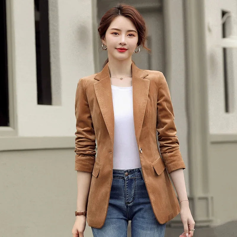 Women's Long-Sleeved Corduroy Jacket, Casual Small Suit, Formal Wear, Slim, Slimming Monochromatic, Fashion, Spring, Autumn, New