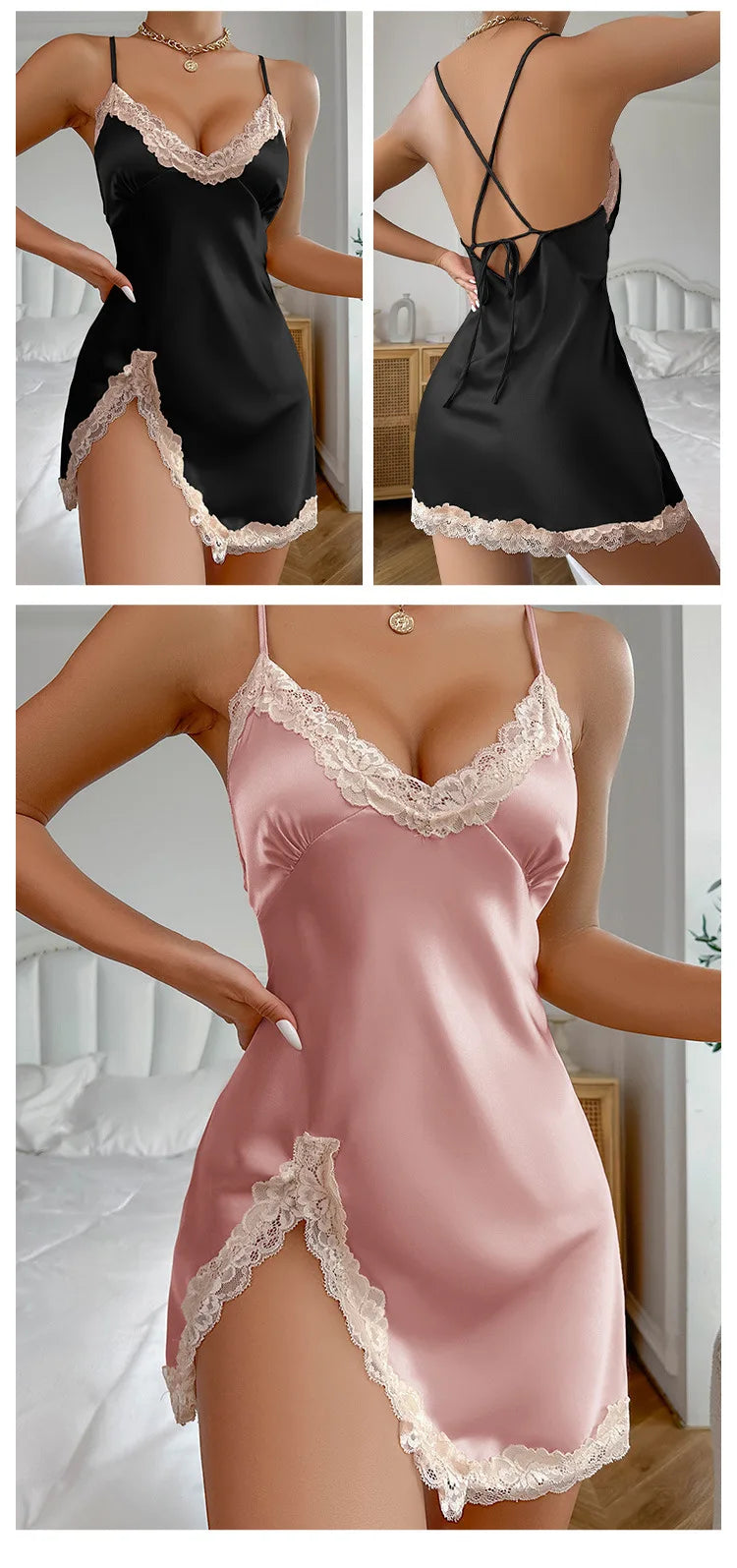 Summer Contrast Lace Silk Satin Nightdress for Women Sleepwear Deep V Backless Lace Up Split Slip Sleep Dress Nightgown