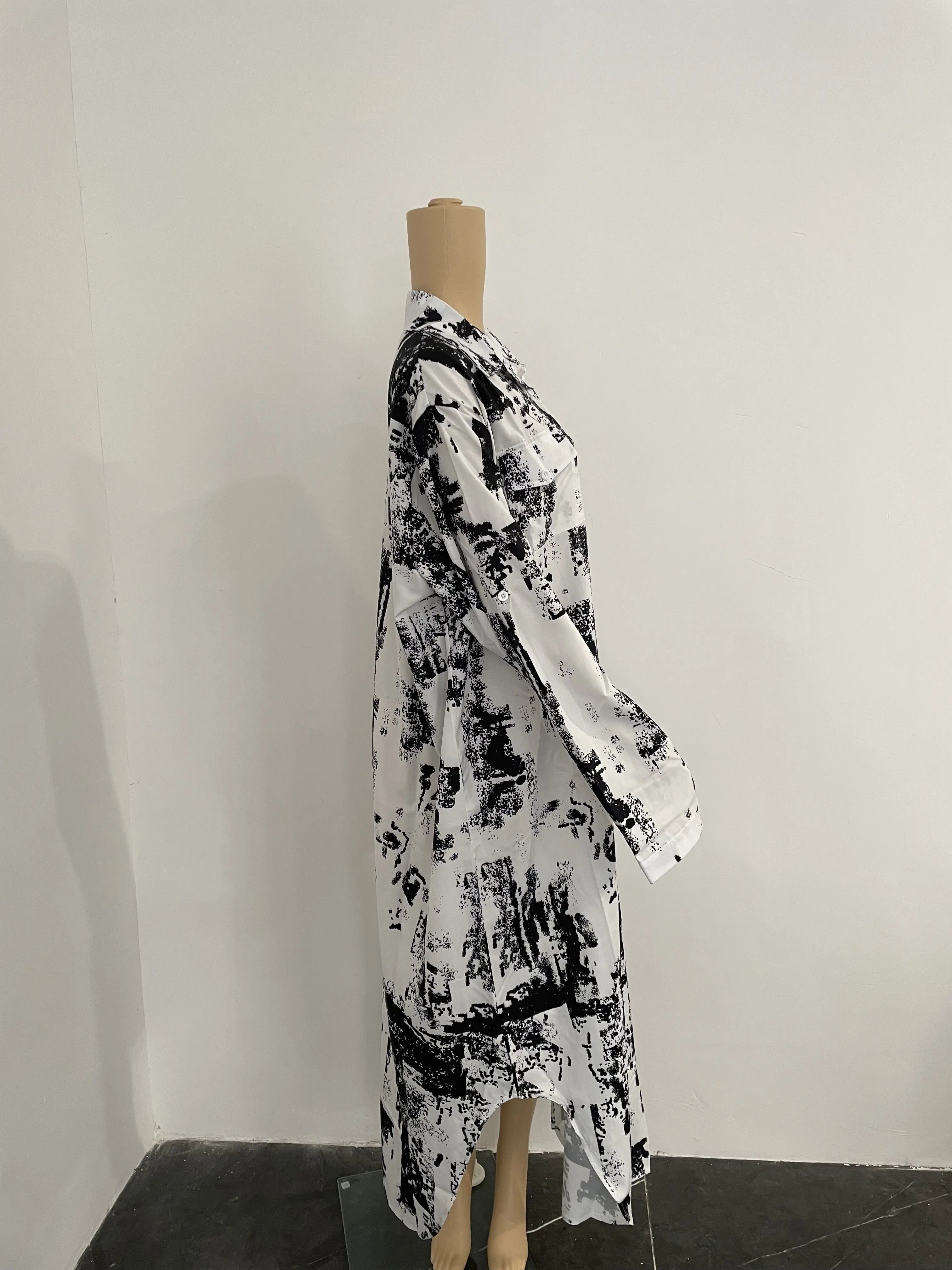 Camouflage Leopard Letters Floral Printed Dresses for Women 2025 Buttons Long Sleeve Loose Split Casual Solid Maxi Dress Robe