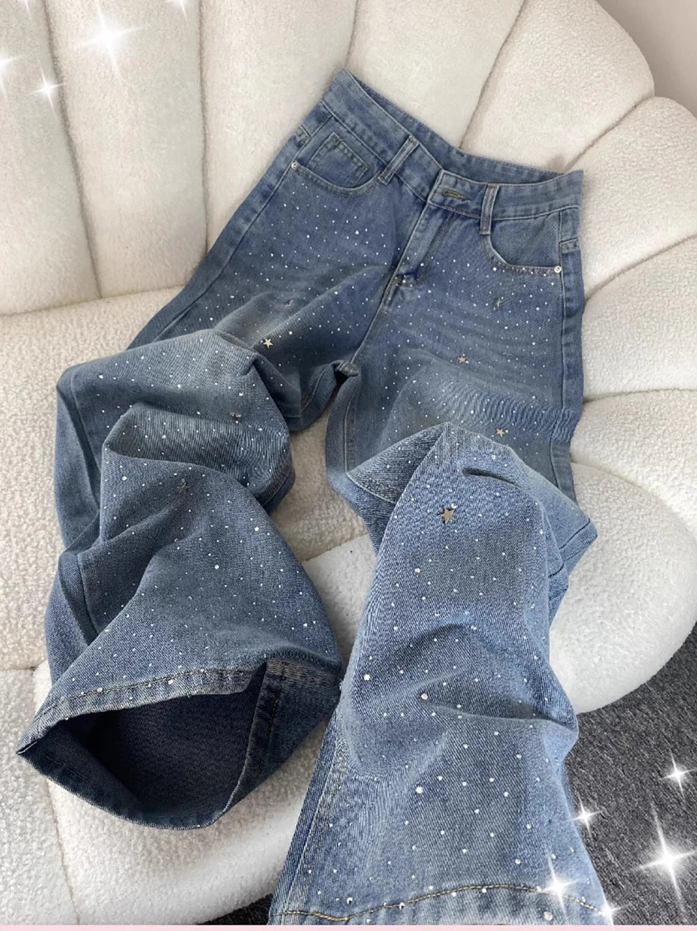 Shiny Diamond Bling Denim Pants Spring Autumn Women High Waist Straight Wide Leg Jeans Glitter Rivet Loose Blue Denim Pants ﻿