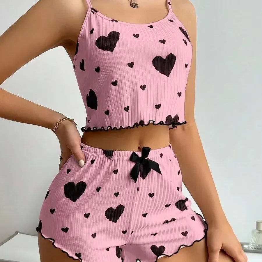 Casual Love Printing Women's Pajamas Set Sleepwear 2 PCS Short Tank Tops and Shorts White Ventilate Soft Homewear Nightwear