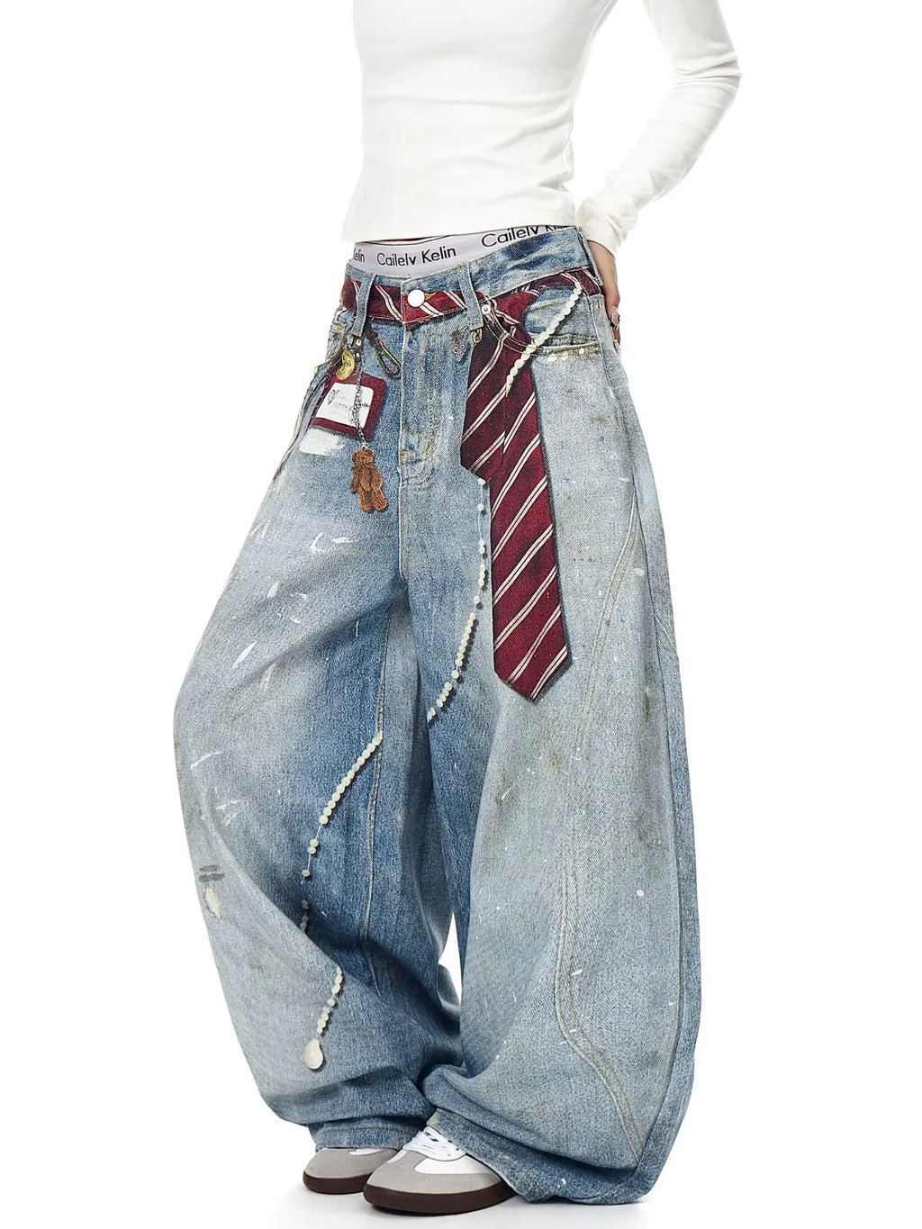 3D printed American retro straight leg wide leg jeans washed and worn high street jeans for women loose fitting Harajuku fashion