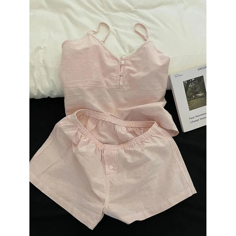 Lace Sleepwear Women Pajama Sets Striped Korean Piiama Summer Shorts Sets 2 Pieces Spaghetti Strap Night Wears Pink Home Suit