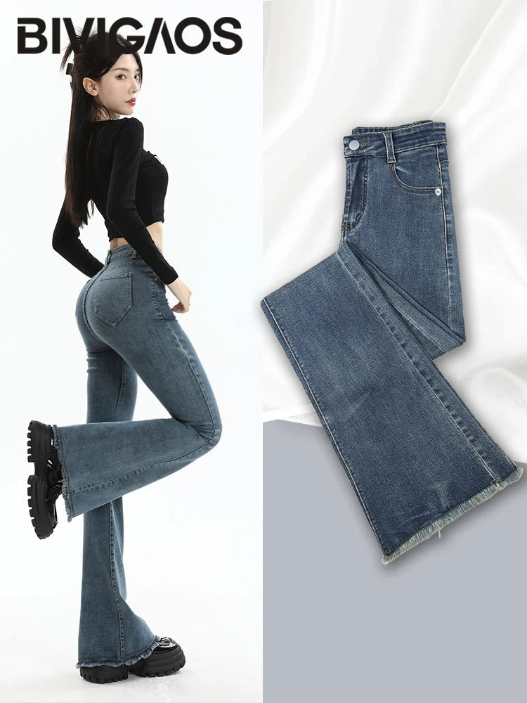 BIVIGAOS 2025 New Autumn Spring Micro Flared Jeans Women High Waist Slim Tight Retro Tassel Hem Stretch Denim Horseshoe Pants