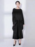 EAM Women Black Big Size Irregular Pleated Dress New Round Neck Long Sleeve Loose Fit Fashion Tide Spring Autumn 2026 31A0020