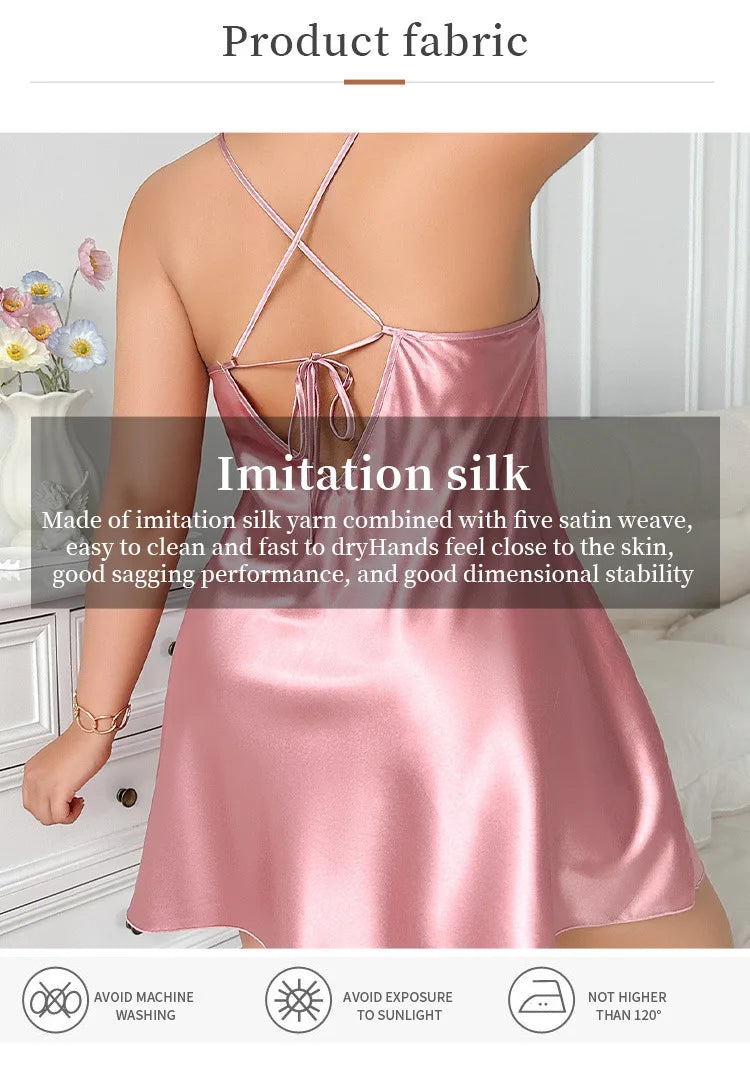 Plus Size Solid Silk Satin Women Nightgown Cross Back Pajama Dress V Neck Female Sleepwear Sleeveless Summer Nightwear Homwear