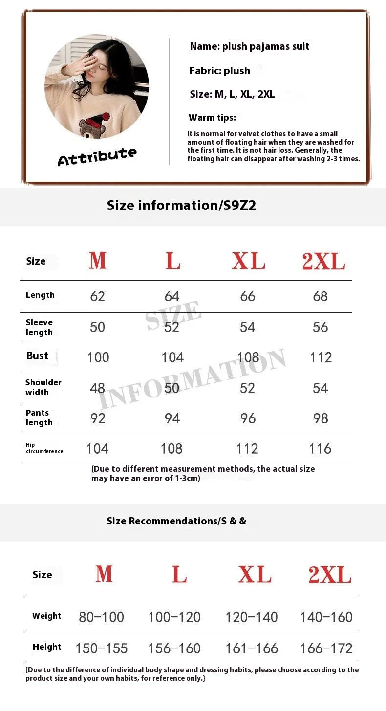 2PCS/Set Thickened Warm Fashion Autumn and Winter Pajamas Long-Sleeved Women Coral Velvet Cute Cartoon Grizzly Bear Comfortable