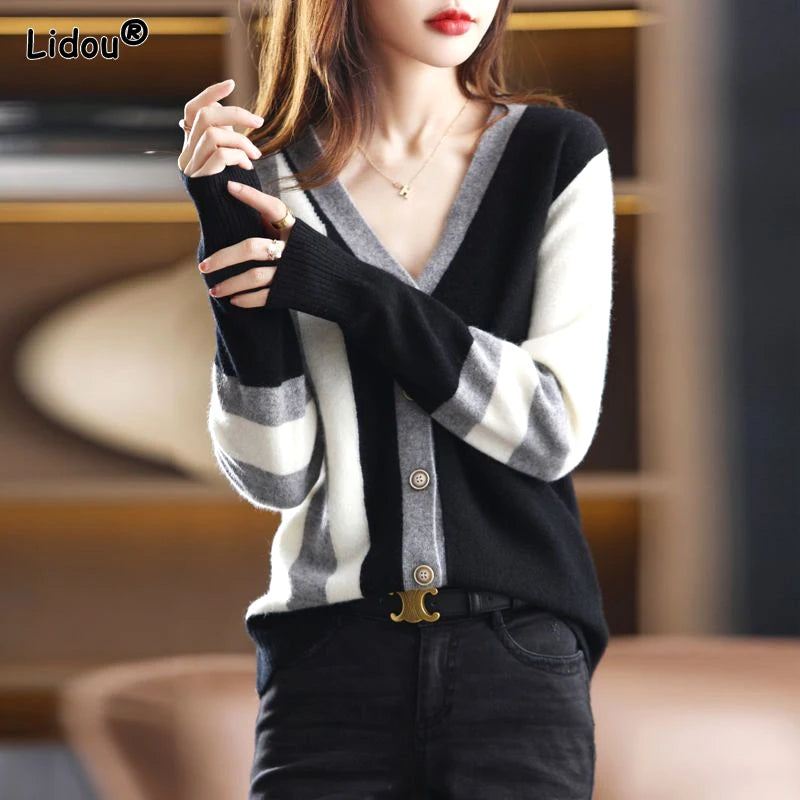 2023 New Spring and Autumn Fashion French Niche V-neck Stripe Color Blocking Loose Casual Lazy Style Women's Sweater Cardigan