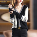 2023 New Spring and Autumn Fashion French Niche V-neck Stripe Color Blocking Loose Casual Lazy Style Women's Sweater Cardigan