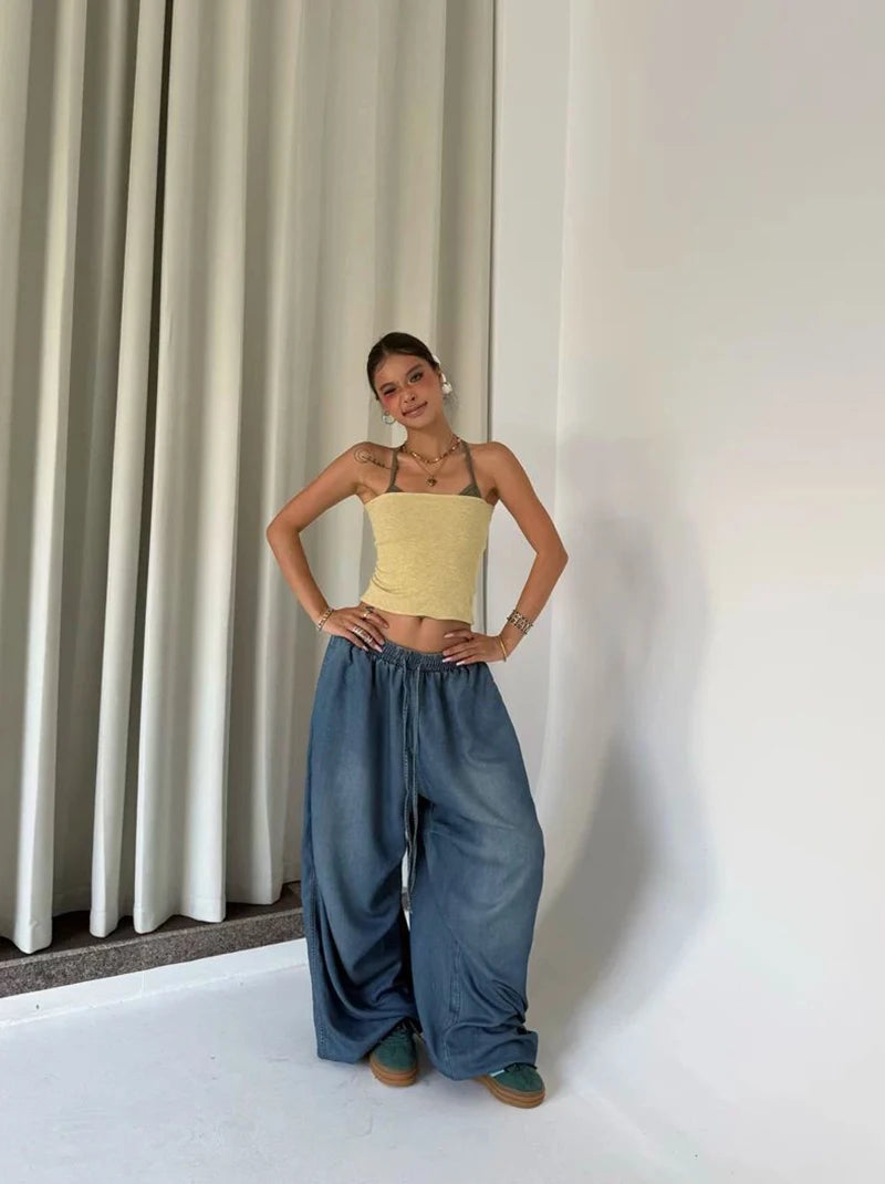 Autumn Oversized Women Wide Leg Jeans Y2K Hip Hop Streetwear Loose Denim Pants High Waist Drawstring All Match Straight Trousers
