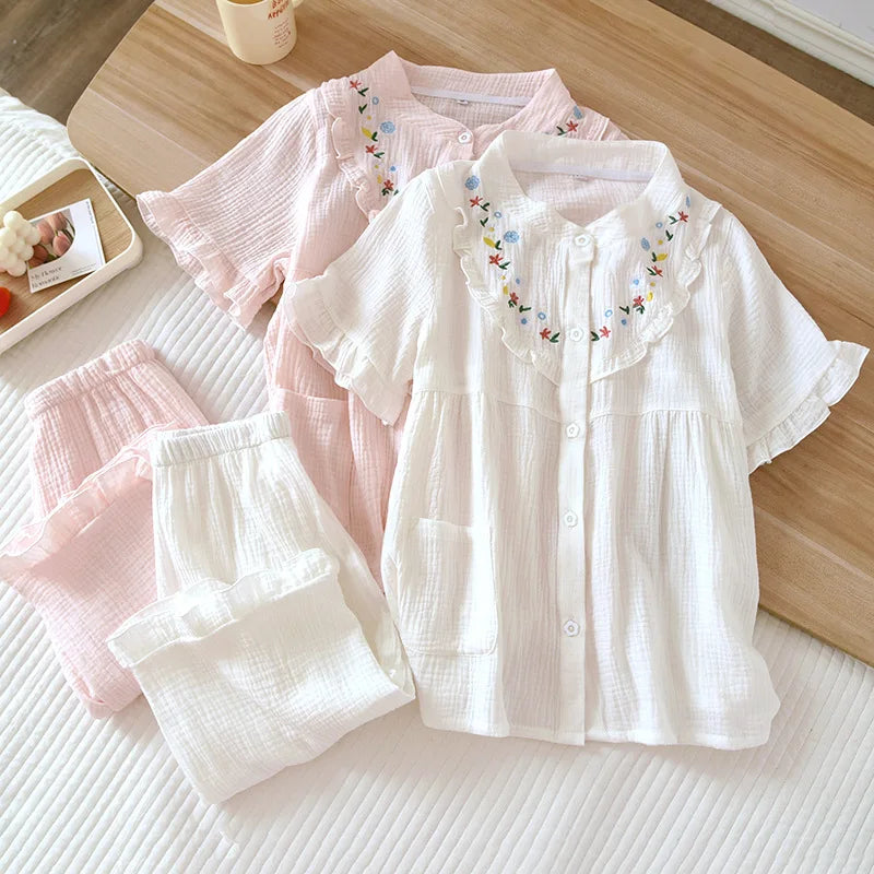 Pure Cotton Womens Pyjamas Set Embroidery Print Home Suits Pyjama Short Sleeve Pajamas 2023 Summer New 2Pcs Sleepwear