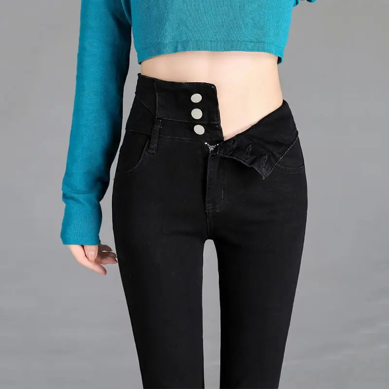 Trendyol Fashion High Waist Plus Fleece Elastic Jeans Women Clothing 2024 Winter Slim Korean Vintage Distressed Pencil Pants
