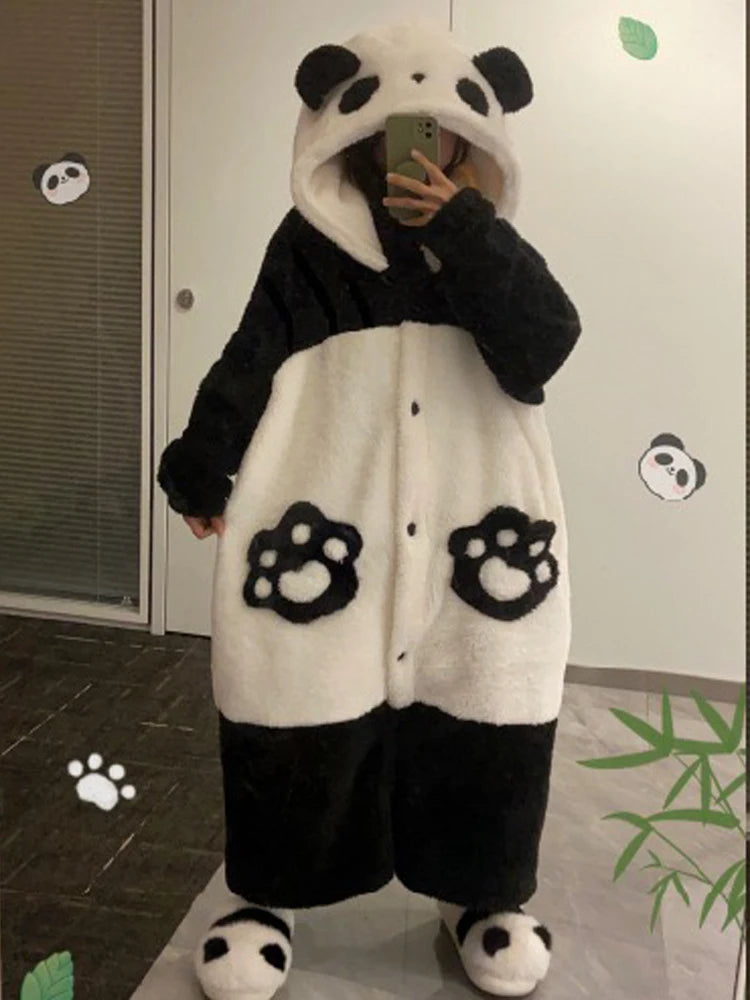 Women's Pajamas Panda Onesies Warm Soft Robes Nightgown Kawaii Animal Cosplay Suit Winter Flannel Homewear Women Clothing