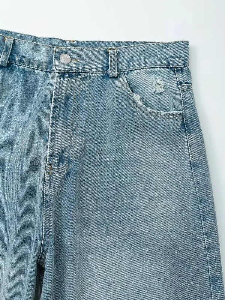 YENKYE New Women Fashion Ripped Wide Leg Jeans Vintage High Waist Pockets Female Denim Pants Autumn Trousers pantalones