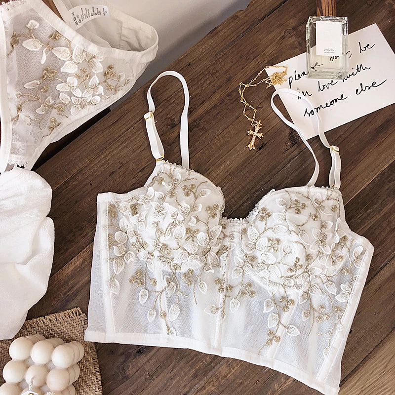 2 Pieces Sexy Lace Flowers Embroidery Underwear Set for Women French Body Shaping Push Up Bra Set Romantic White Lingerie Sets