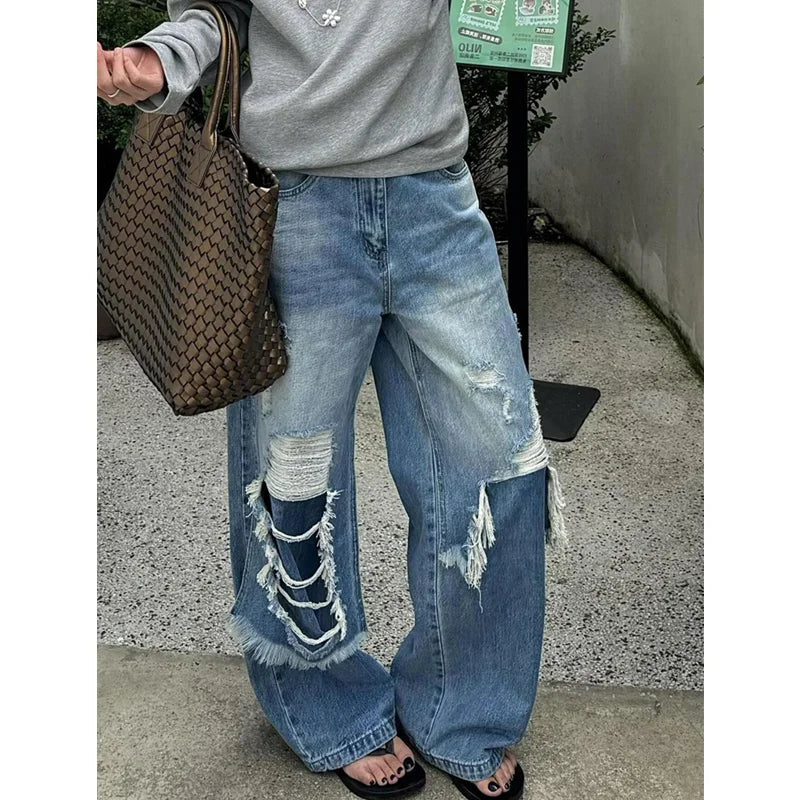 2024 Autumn Trashy Sexy Vintage Ripped Patchwork Loose Fit Jeans Y2K Wide Leg Pants Women's Baggy Hollow Out Denim Trouser
