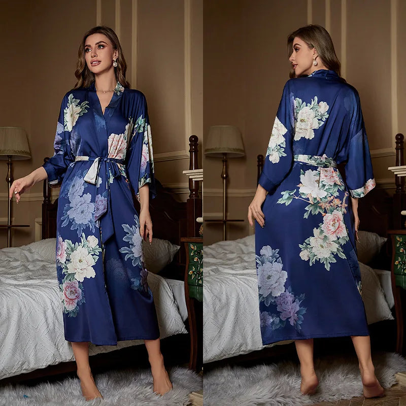 Print Flower Female Long Robe Sleepwear Japanese Kimono Bathrobe Gown Spring Summer Satin Nightgown Loose Casual Home Dress Wear