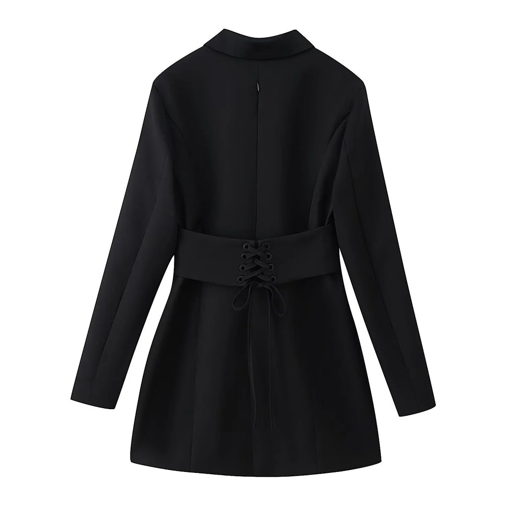 Women Waist-Cinching Blazer Mini Dress Spring Autumn Female Chic Long Sleeve Back Lace-Up Dress Sexy Lady OL Short Elegant Dress