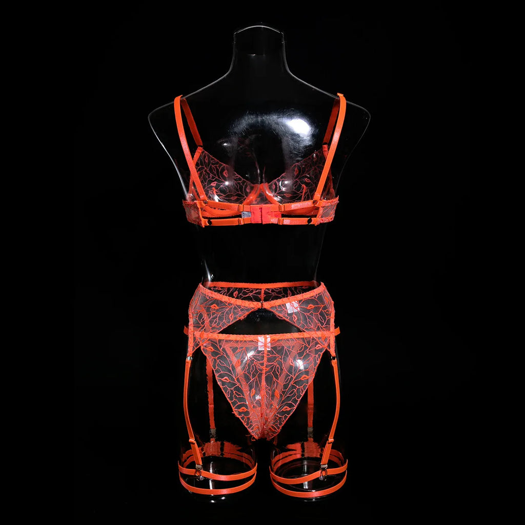 Krasapt Sexy Orange Transparent Lips Embroidery 3pcs Fancy Woman Bra And Panty Underwear Set With Leg Rings Erotic Lingerie Sets
