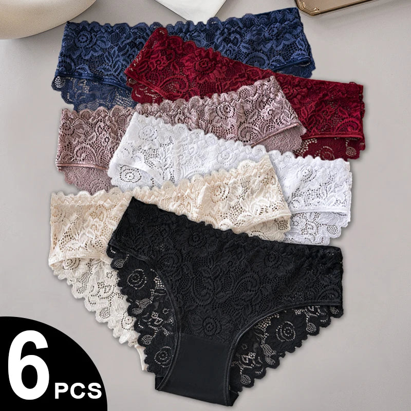 6PCS/Set Middle Waist Hollow Out Floral Lace Cotton Panties Women Briefs Sexy Lingerie Female Underwear Ladies Soft Underpants