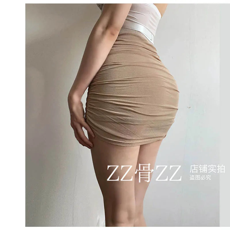 2024 New Skorts Summer New Style Street Sexy Solid Color Mesh Pleated Slim High Waisted Skirt Fashion Sweet Mesh  AWH9
