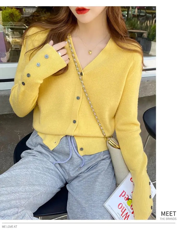 2025 Autumn And Winter Casual Sweater V Neck Women Korean Fashion Tops Long Sleeve Solid Basic Knitted Cardigan Female