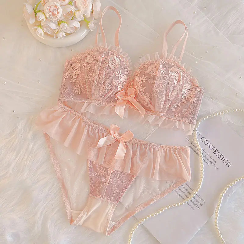 Sexy Lace Women's Bra Set Without Steel Ring Small Breasts Gathered Thickened Lifting Breast Adjustment Pure Desire Girls Bra