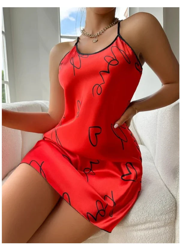 Heart Print Nightdress Elegant Scoop Neck Criss Cross Back Sleep Dress Women's Sleepwear