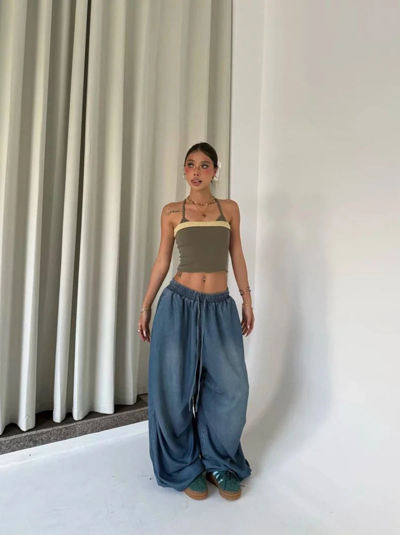 Autumn Oversized Women Wide Leg Jeans Y2K Hip Hop Streetwear Loose Denim Pants High Waist Drawstring All Match Straight Trousers