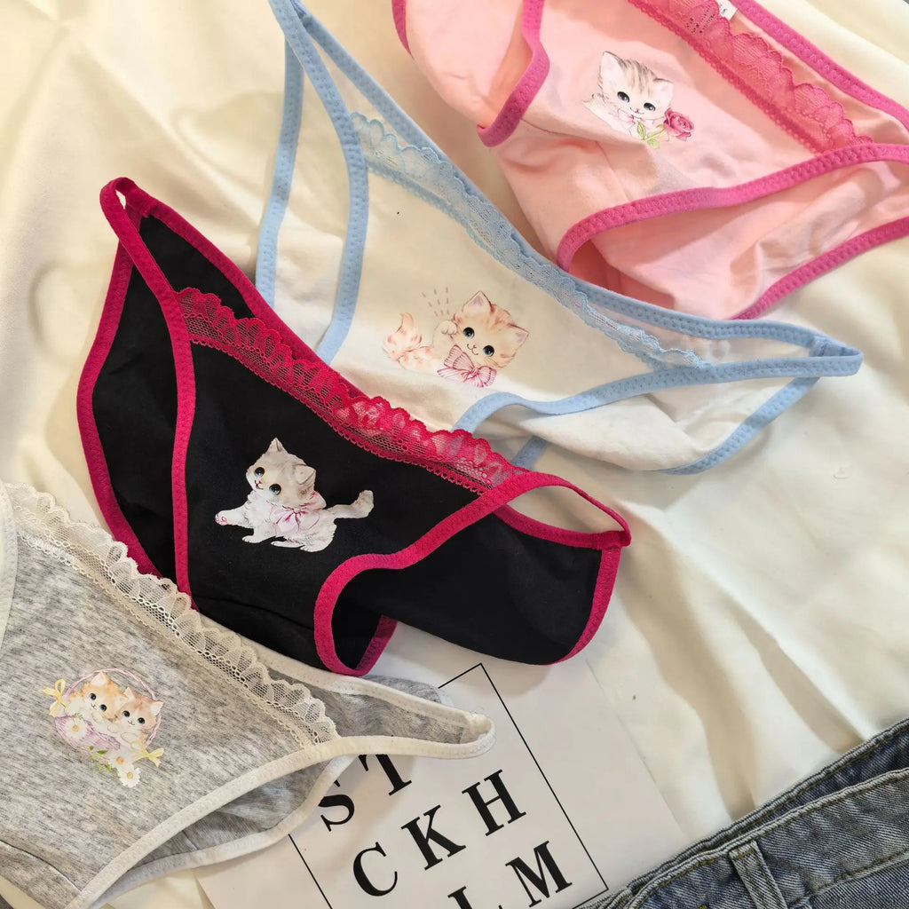 Retro Panties Japanese Sweet Cool Kitten Underwear Female Y2K Lace Girls Panties Cotton Crotch Women's Intimates Briefs Lingerie