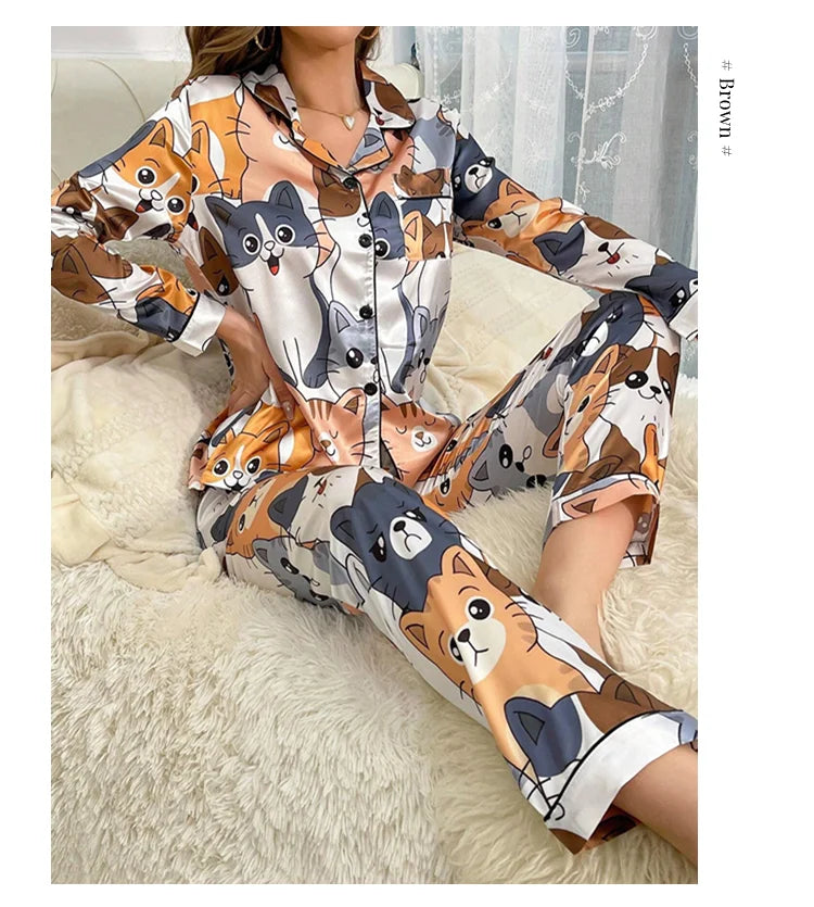 Cute Cat Print Pajama for Women Satin Long Sleeve Lapel Collar Tops & Pants Pyjama Loungewear for Fall Ladies Sleepwear Pj Sets